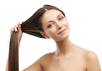 Image showing Beauty, strong hair and portrait of happy woman isolated in studio with salon hairstyle, confidence and cosmetics. Haircare, keratin and face of model girl with healthy growth on white background.