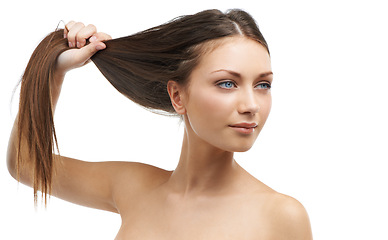 Image showing Beauty, strong hair and woman isolated in studio with salon hairstyle, confidence and cosmetic keratin. Luxury haircare, natural style and face of model girl with healthy growth on white background.