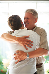 Image showing Grandfather, teenager and hug with smile, family and embrace with love, grandchild and home. Grandparent, support or bonding together for relationship, happy and retired with boy, house or senior man