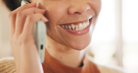 Image showing Phone call, mouth and a small business owner woman talking for communication, networking or negotiation. Startup, contact and remote work with a happy female entrepreneur speaking on her mobile