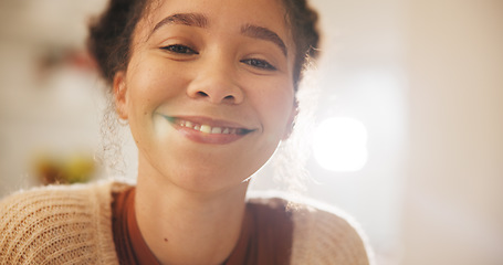 Image showing Happy, smile and face of a woman at her home with a sweet, positive and confident personality. Happiness, excited and headshot portrait of a calm young female person alone in her modern apartment.