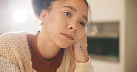 Image showing Home, thinking and woman with depression, sad and calm with anxiety, burnout and stress. Person, face and girl with mental health, decision or bored with lonely feeling, psychology crisis and fatigue