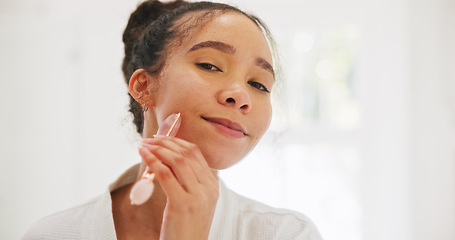 Image showing Face, skincare and woman with derma roller in bathroom for wellness, collagen or circulation at home. Portrait, smile or lady with crystal facelift, lymphatic drainage or facial, anti aging massage