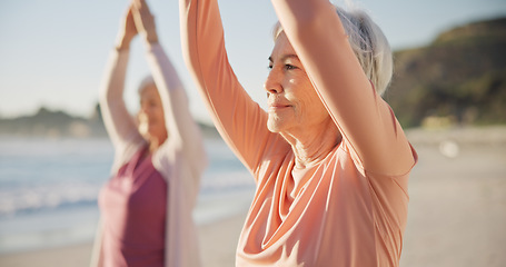 Image showing Yoga, meditation and senior women, stretching and fitness on beach for wellness, exercise and pilates training. Zen, friends and old people for muscle health, mindfulness and relax in nature and sea