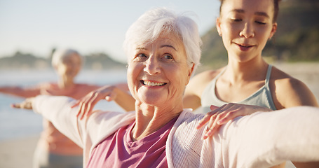 Image showing Beach class, teacher and old woman doing yoga exercise, outdoor wellness and relax workout in nature. Instructor, elderly face and happy person learning pose, training and yogi coach teaching pilates