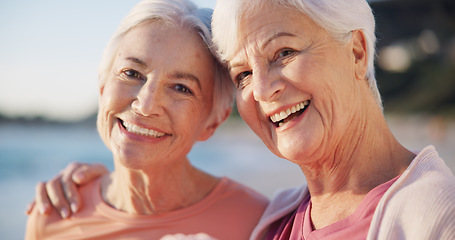 Image showing Portrait, yoga and senior women on the beach together as friends for a mental health workout by the ocean. Fitness, wellness and smile with old people at the sea for pilates training in nature