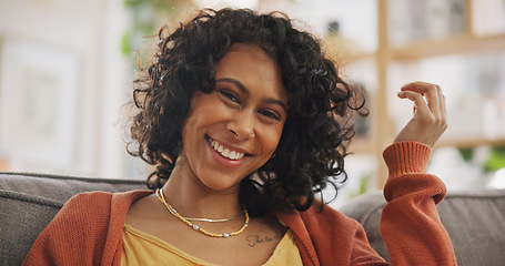 Image showing Couch, hair and portrait of happy woman relax in a home with natural hairstyle in a home or apartment with smile. Haircare, beauty and confident young person on a sofa in Brazil in a living room