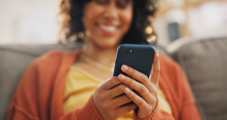 Image showing Home phone, hands or happy woman relax, smile and typing online search, customer experience review and check app. Living room couch, smartphone scroll or person reading blog, article or communication