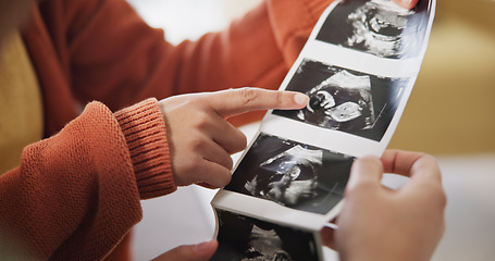 Image showing Ultrasound, surprise and ivf pregnancy with a gay couple in the living room of their home together for celebration. Wow, LGBT or lesbian with a woman and partner hugging while looking at a picture