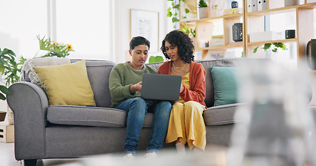 Image showing Lounge sofa, face and gay people speaking, talking and chat about omnichannel. LGBT, laptop and lesbian couple conversation on home online shopping choice, social media post or reading info.