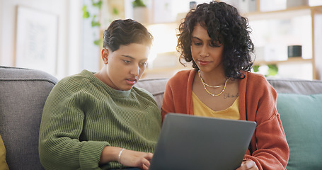 Image showing LGBT, laptop and lesbian couple conversation on home online shopping choice, social media post or reading info. Lounge sofa, face and gay people speaking, talking and chat about omnichannel