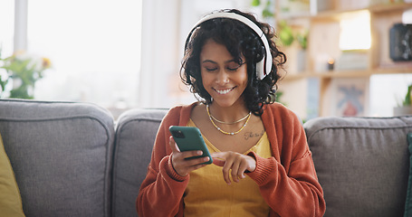 Image showing Home, smartphone or woman with headphones, music or dancing with audio, streaming sounds or happiness. Person on a couch, girl or headset with energy, radio or cellphone with motivation or mobile app