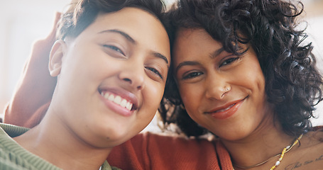 Image showing Lesbian couple, selfie and smile with love, live streaming on sofa or affection with social media, home or blog. Women, gay female people or profile picture with happiness, loving together or romance