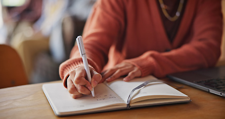 Image showing Remote work, planning and hands with a laptop and notebook for research, strategy or goals. Closeup, entrepreneurship and a person writing for creativity, ideas or a list for freelance work with a pc