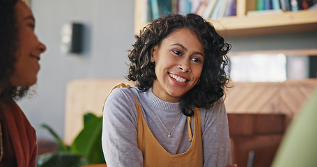 Image showing Girl friends, talk and group in cafe, drink and happy for reunion, memory or thinking with smile. Gen z women, students and relax with chat, conversation or brunch at restaurant, diner or coffee shop