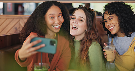 Image showing Girl friends, selfie and group in coffee shop for peace sign, care or kiss with smile, love or post for web blog. Women students, photography and profile picture in cafe for reunion with happy memory