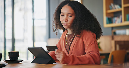 Image showing Tablet, credit card and woman in cafe, online shopping and payment in coffee store. Technology, plastic money and African person in restaurant in ecommerce, fintech or typing on financial banking app