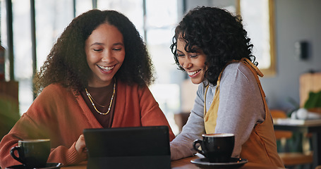 Image showing Tablet, laugh and girl friends in a coffee shop watching a funny, comic or comedy video online. Happy, smile and young women networking on social media with digital technology in a cafe or restaurant