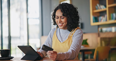 Image showing Tablet, credit card and woman in restaurant, online shopping and payment in coffee store. Tech, plastic money and happy person in cafe in ecommerce, digital fintech or typing on financial banking app