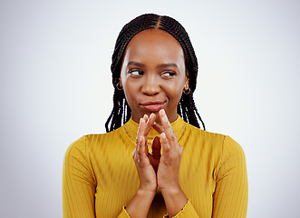 Image showing Thinking, smirk and black woman with scheme hands in studio for evil, planning or revenge on grey background. Plotting, villain and African female model with steeple emoji for brainstorming idea