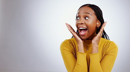 Image showing Surprise, wow and black woman with mockup in studio for announcement, news or promo on grey background. Omg, emoji and excited African female model with secret, deal or prize giveaway, lotto or info