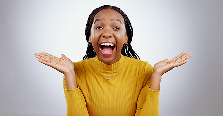 Image showing Wow, portrait and excited black woman in studio happy with competition news, prize or bonus on grey background. Surprise, omg or face of happy female winner with mind blown emoji or lotto results