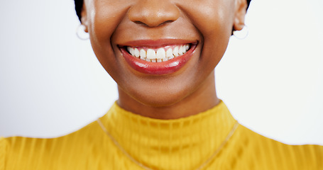 Image showing Teeth whitening, smile and black woman with mouth closeup for beauty or dental happiness in studio white background. African, lips and wellness from dentist, healthcare and veneers or orthodontics