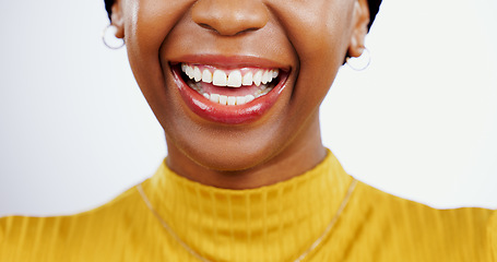 Image showing Teeth whitening, smile and closeup of black woman and mouth, lips or happiness in studio white background. Dental, healthcare or happy with veneers from orthodontics and half of face at dentist