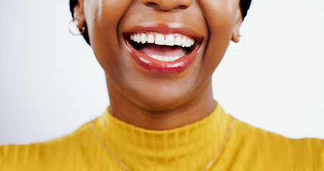 Image showing Teeth, smile and closeup of black woman with beauty, lips or happiness in studio white background. Mouth, dental care or African model laugh with skincare, dermatology or wellness from healthcare