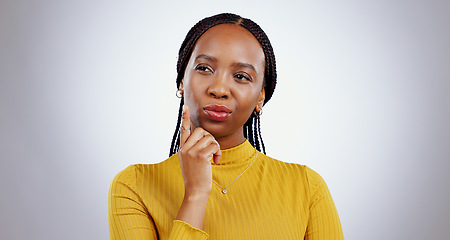 Image showing Thinking, confused and black woman in studio with brainstorming emoji on grey background. Idea, doubt and African female model with why, questions or problem solving, solution or remember gesture