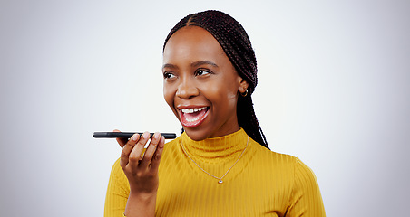 Image showing Phone call, loudspeaker or black woman in studio for talking, gossip or chat on grey background. Voice app, thinking or happy person in conversation or speaking of good news, feedback or networking