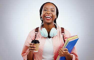 Image showing Woman student, coffee and books for education, university and happy learning, knowledge or study opportunity in studio. Portrait of African person for back to school or planning a white background