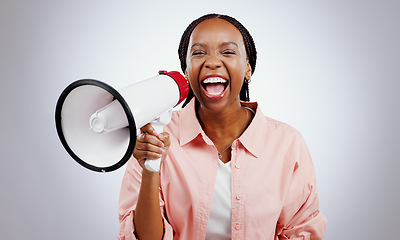 Image showing Woman, megaphone and voice for announcement, broadcast or news of sale or discount on white background. Happy portrait of african person with call to action, attention and noise for winner in studio