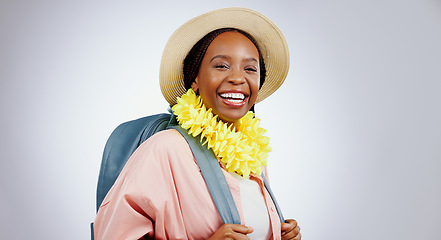 Image showing Travel, backpack and portrait of black woman in studio with adventure, freedom and vacation on grey background. Smile, face and excited African female model having fun on tour or holiday in Hawaii