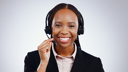 Image showing Business woman, call center and portrait for communication, customer service or support on a white background. Happy face of african advisor, consultant or agent in headphone for contact us in studio