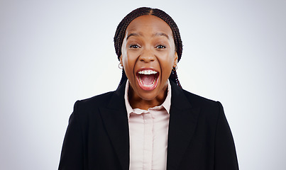 Image showing Happy, wow and portrait of black woman in studio with news, announcement or deal on grey background. Business, success and face of female entrepreneur with feedback, review or startup loan approval