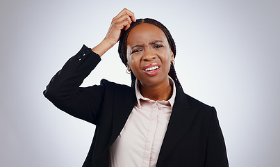 Image showing Confused, thinking and portrait of business woman scratching head in studio with doubt on grey background. Why, questions and face of lady entrepreneur with huh emoji for guess, forget or memory fail