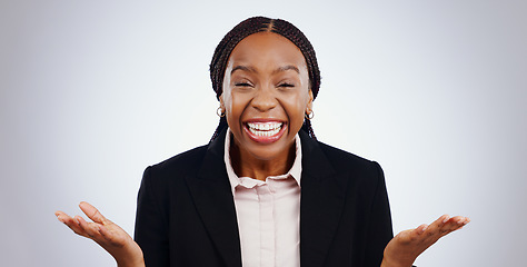 Image showing Excited, studio and portrait of business woman with good news, announcement and surprise. Wow, shocked and face of professional worker smile for bonus, promotion and success on gray background