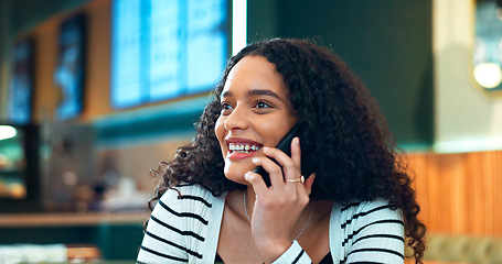 Image showing Phone call, relax or happy woman in cafe talking in mobile conversation as communication. Smile, networking or entrepreneur in discussion at a coffee shop speaking or thinking of ideas on cellphone