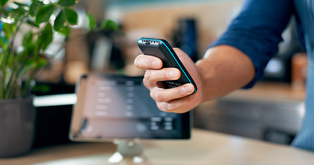 Image showing Hand, fintech and a waiter in a coffee shop closeup for sale, payment or purchase of an order. Business, finance and nfc with contactless technology in a cafe or restaurant for takeaway order