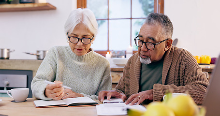 Image showing Senior couple, budget and finance notebook with writing and life insurance information for will at table. Discussion, list and paper for process and bills review in print in a retirement home