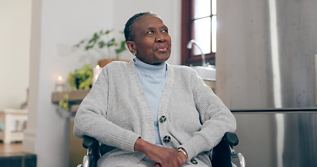 Image showing Retirement home, thinking and senior woman in wheelchair, and smile for healthcare, choice and decision. Elderly black person with disability, positive mental health and happy or trust in future