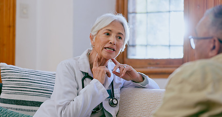 Image showing Doctor, patient and throat touch or talking of information, infection bacteria or cough inflammation. Woman, man and conversation for consultation risk pain for healthcare, lung or asthma breathe