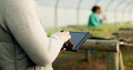 Image showing Person, farmer and tablet in greenhouse, farming and worker for agriculture, supply chain and call. Farm owner, supplier and organic products for eco friendly, sustainable business or communication