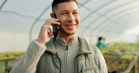 Image showing Man, farmer and smartphone in greenhouse, call and worker for agriculture, supply chain and mobile. Farm owner, supplier and organic products for eco friendly, sustainable business or communication