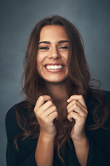 Image showing Woman, smile and portrait or face, haircare and pose by studio background, blowout and treatment. Happy female person, beauty and cosmetics, confident and haircut in aesthetic, shampoo and keratin