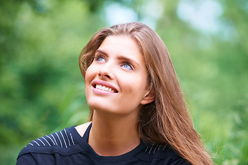 Image showing Park, happy woman or thinking outdoors to relax on a holiday vacation in summer or nature. Face, looking up or thoughtful female person on break for ideas or mindfulness for scenic travel in forest