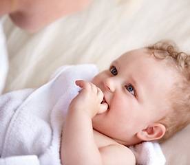 Image showing Baby, bath and towel or mother on bed for washing clean hygiene, childhood development or fresh. Child, kid or cloth wrap for dry skin body for wellness for warm safety or infant care, shower or love