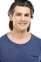 Image showing Portrait, man and smile with fashion, wellness and proud guy isolated on a white studio background. Face, person and model with tshirt, happiness and Canada with mockup space, healthy and confidence