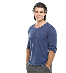 Image showing Portrait, muscle and man with tshirt, smile and confident guy isolated on a white studio background. Person, mockup space and model with casual clothes, wellness and proud with health and fitness